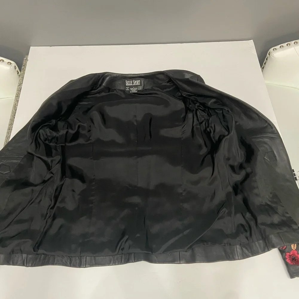 BELLE SPORT Womens Black Leather Jacket Blazer Floral Embroidery Throughout S - Picture 7 of 17